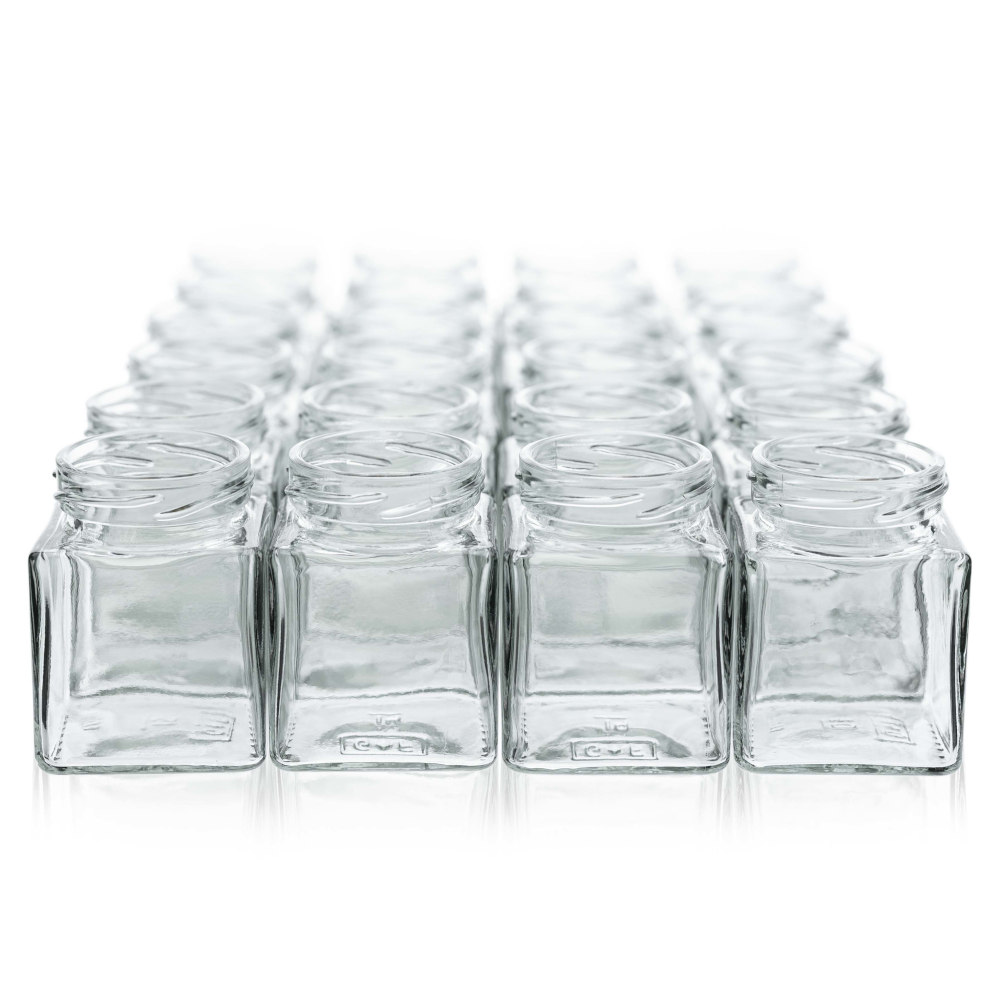 24 er Set Vierkantglas 106 ml mit Deko und Zubehör - 01 - Flaschenbauer 24 er Set Vierkantglas 106 ml mit Deko und Zubehör - 01 - Flaschenbauer